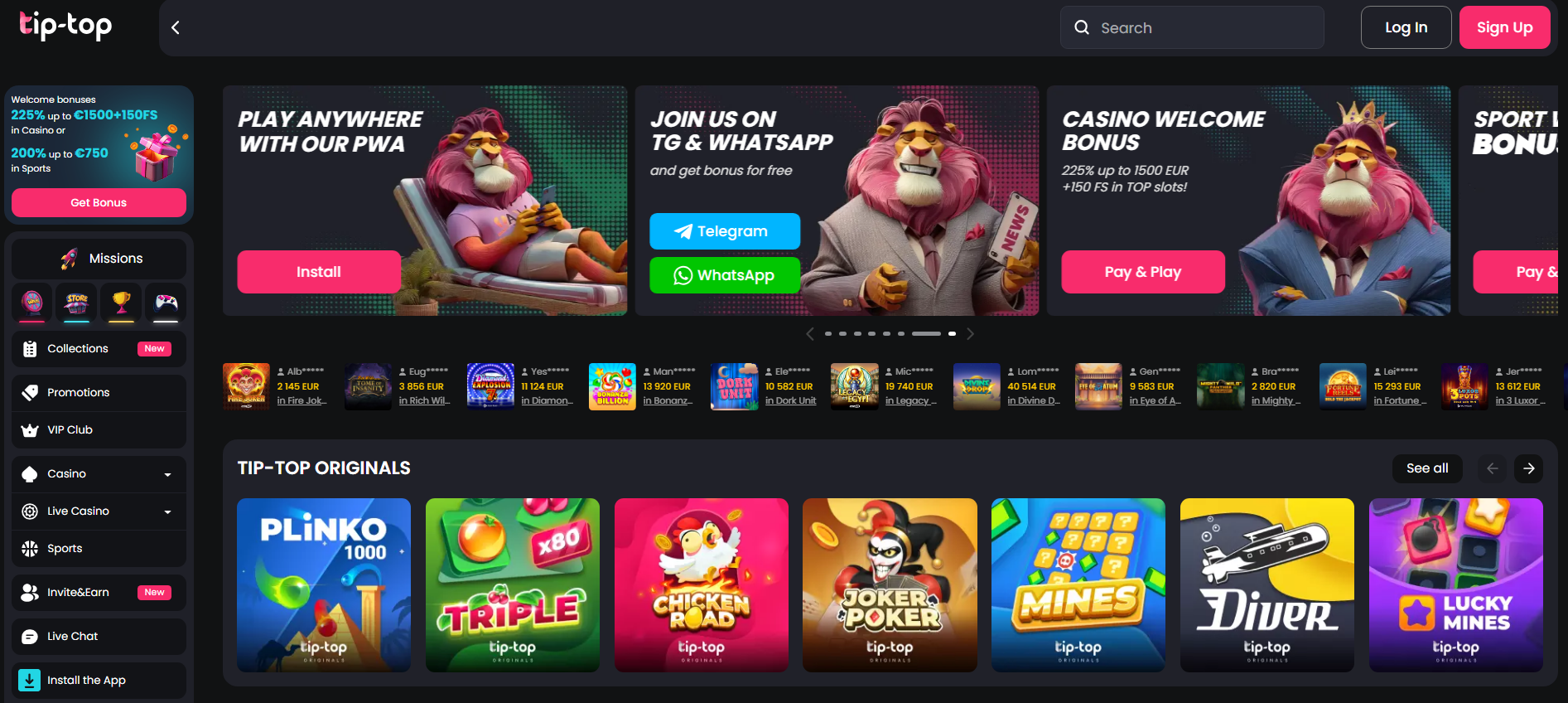 tiptop casino home